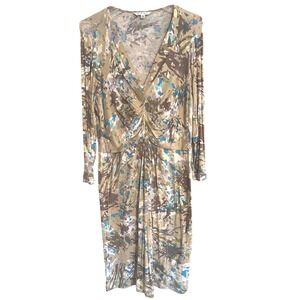 Cabi Women's Large Ruched V Neck‎ Long Sleeve Abstract Print Midi Dress